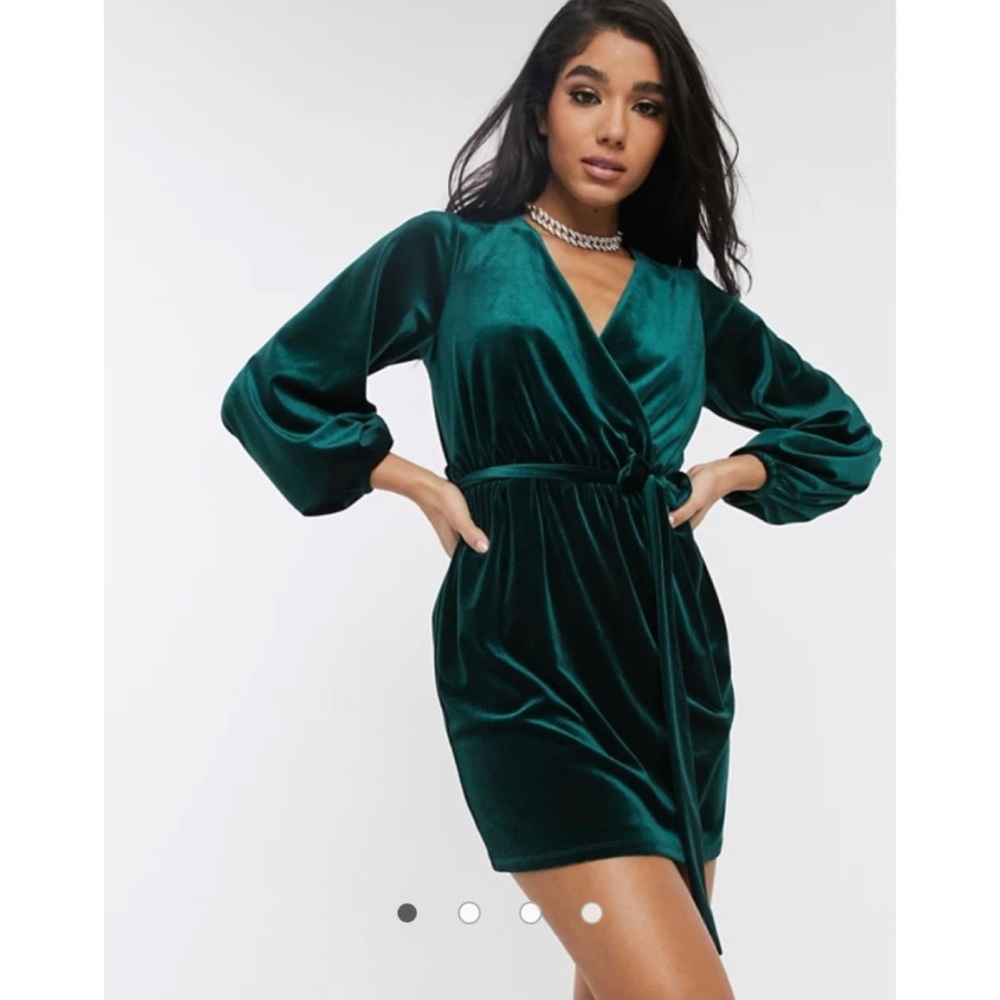 ASOS Style Cheat Wrap Front Velvet Green Dress